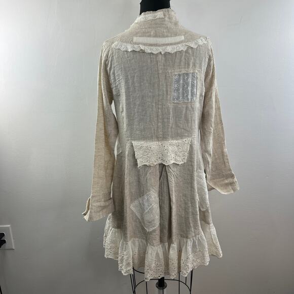 Blu Betty Beige Linen Shirt Dress Button Front Stand-Up Collar Ruffle Hem M? - Picture 8 of 9